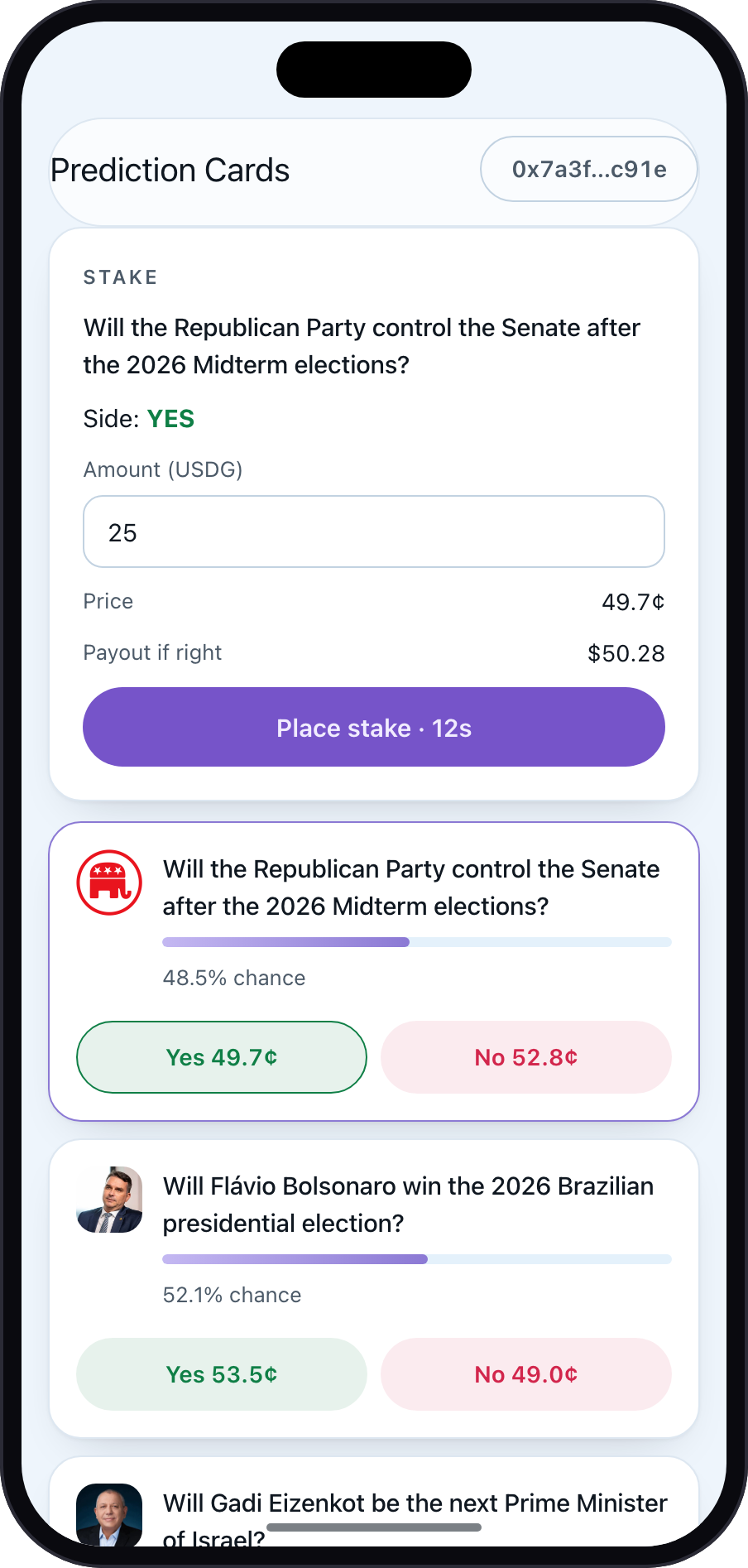 The PayOff stake ticket, showing a live question, the quoted Yes price, payout if right, and a 15-second quote timer.